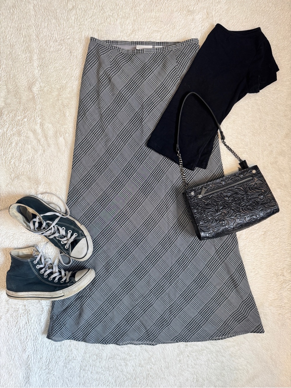 Vintage Black & White Plaid Maxi Skirt